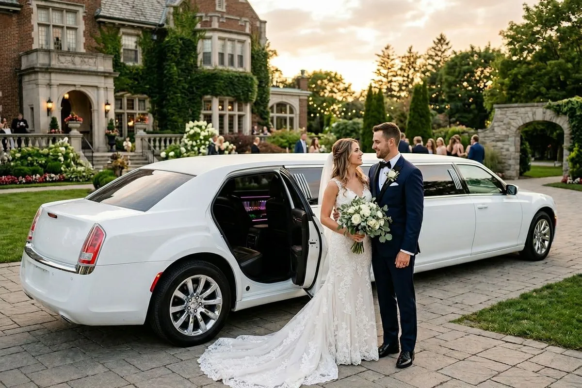White stretch limousine for wedding limo service in Brantford Ontario