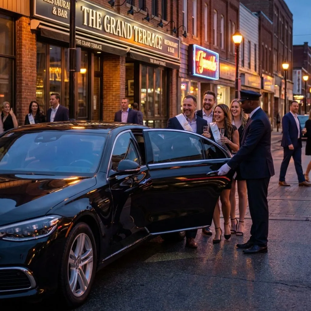 Bachelor & Bachelorette party limo service Brantford with a luxury 2026 black sedan providing stylish transportation for bachelor and bachelorette celebrations.
