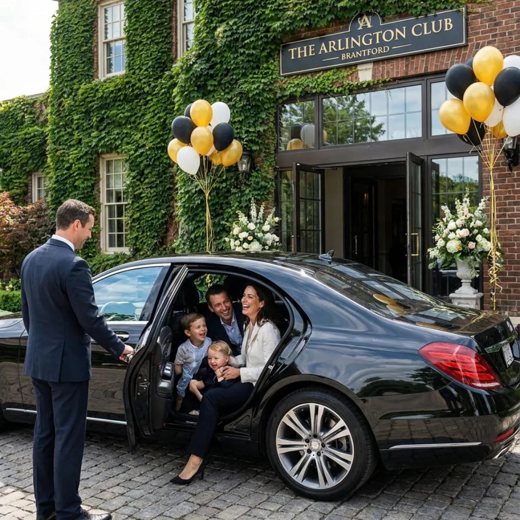 Birthday limo service Brantford with a premium black sedan providing elegant transportation for a special birthday celebration.