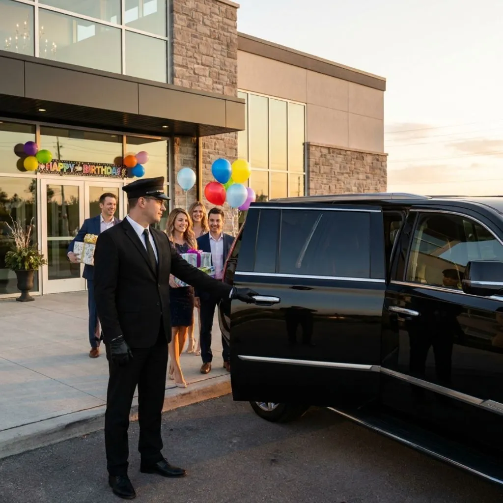 Birthday limo service Brantford with a professional chauffeur providing luxury SUV limousine transportation for a memorable birthday celebration.