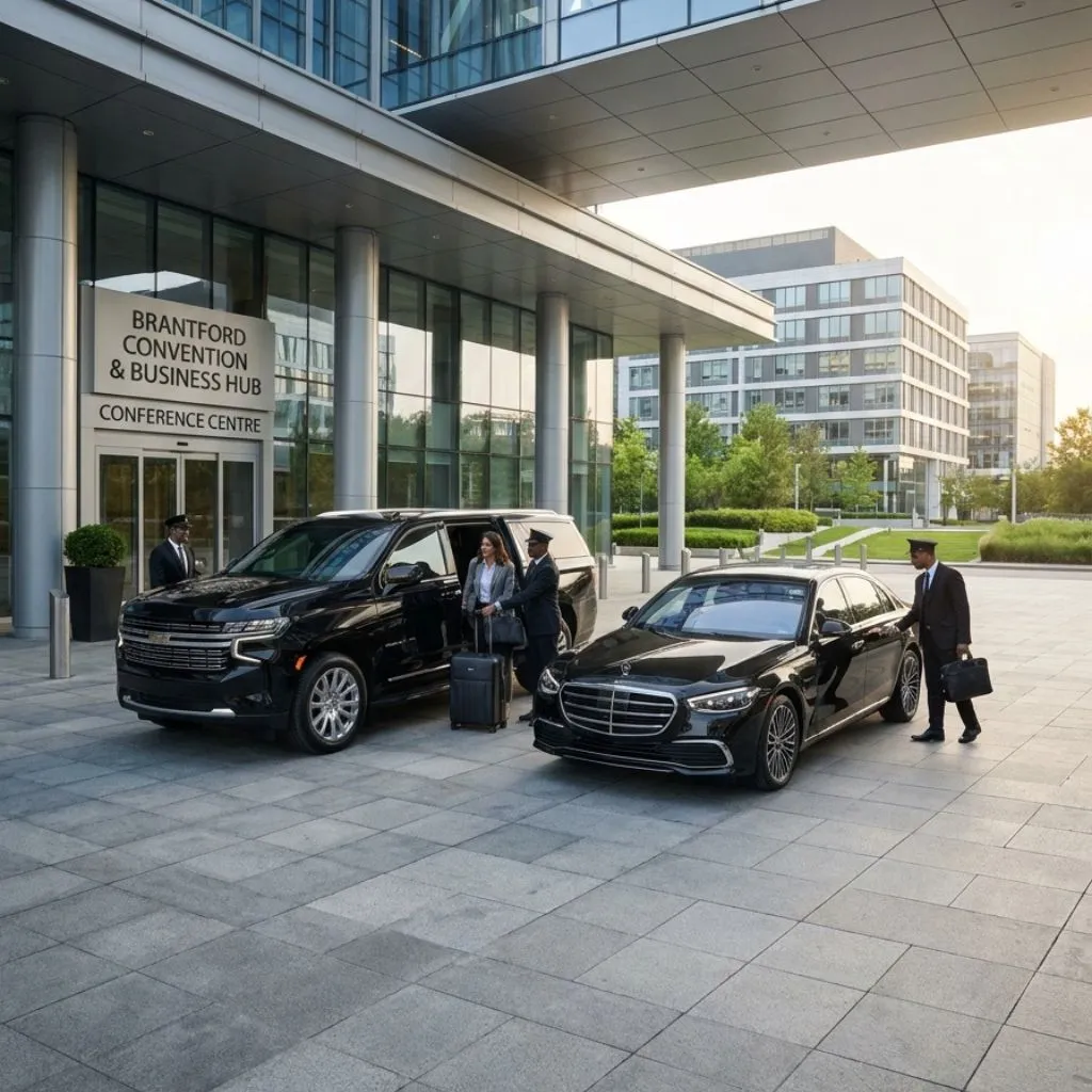 Corporate limo service Brantford featuring luxury 2026 executive SUV and sedan for business meetings, conferences, airport transfers, and VIP transportation.
