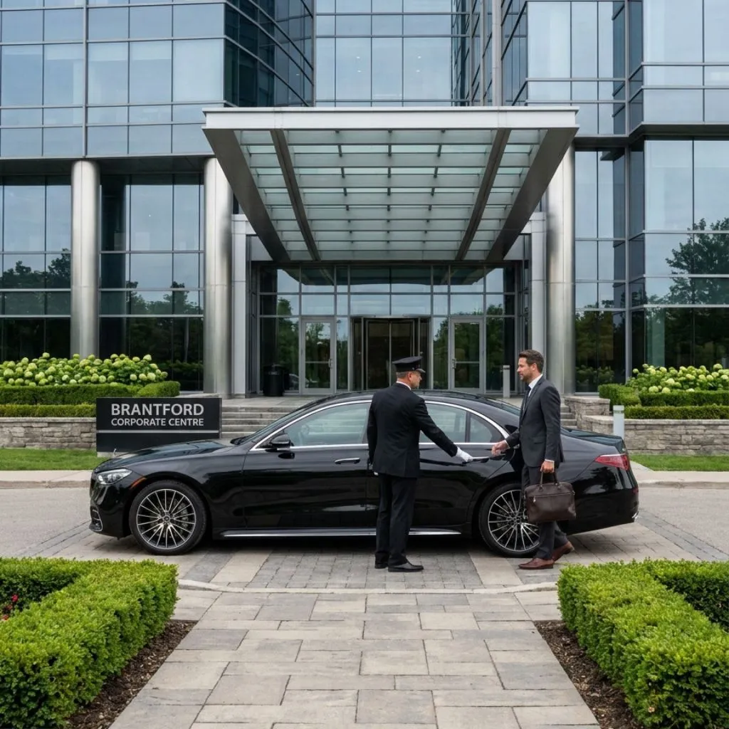 Corporate limo service Brantford with a luxury 2026 black executive sedan offering reliable and comfortable transportation for business professionals.