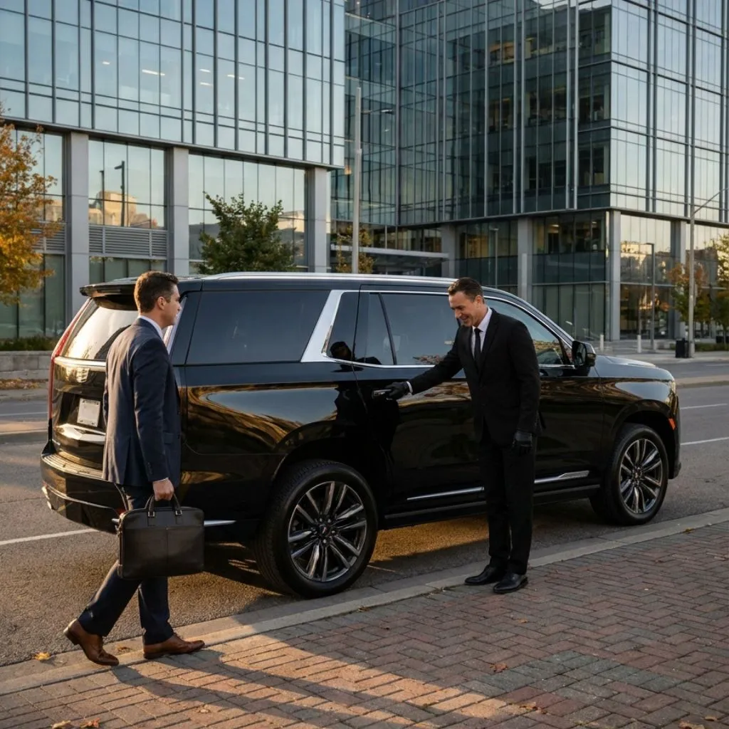 Corporate limo service Brantford with a professional chauffeur and luxury 2026 black executive SUV delivering reliable executive transportation for business travelers.