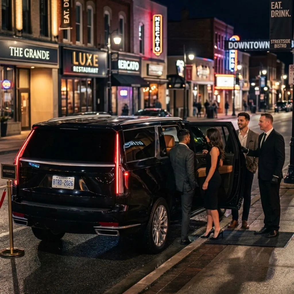 Night Out limo service Brantford with a professional chauffeur and luxury 2026 black SUV providing safe and stylish transportation for a memorable night out.
