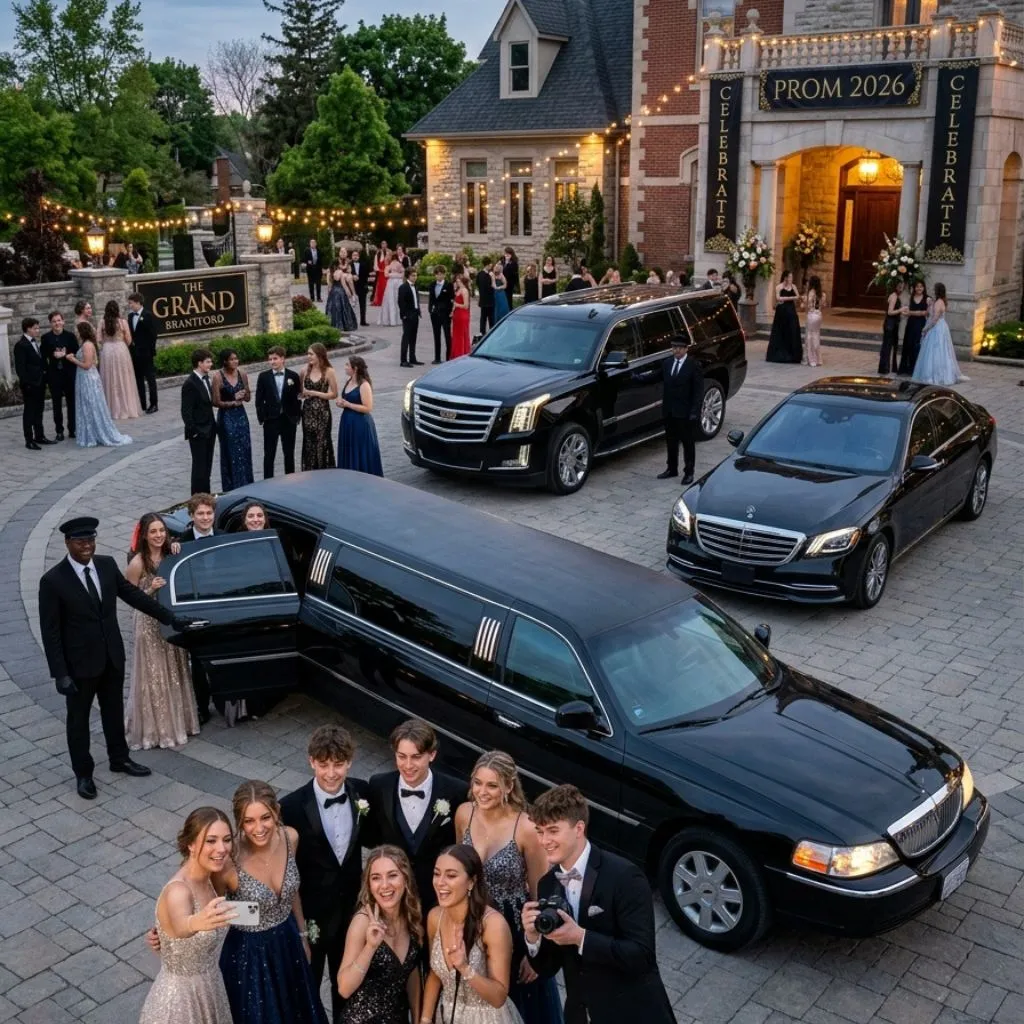 Prom limo service Brantford featuring luxury 2026 stretch limousine, SUV, and sedan providing stylish transportation for prom night.