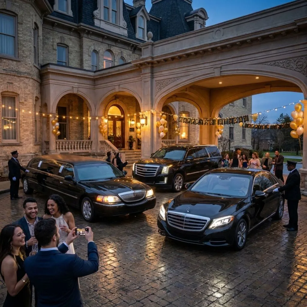 Birthday limo service Brantford featuring luxury stretch limousine, premium SUV, and executive sedan for stylish birthday transportation.